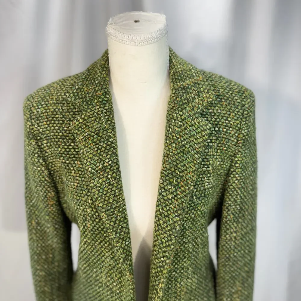 Vtg Tweed Cropped Blazer Green 80s Tailored Jacket Dark Academia Ivy League 6 - Picture 5 of 16